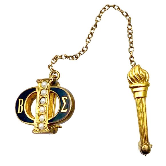 Vintage Phi Beta Epsilon Sorority Fraternity Lapel Pin Pearls Black Enamel Torch - Picture 1 of 7